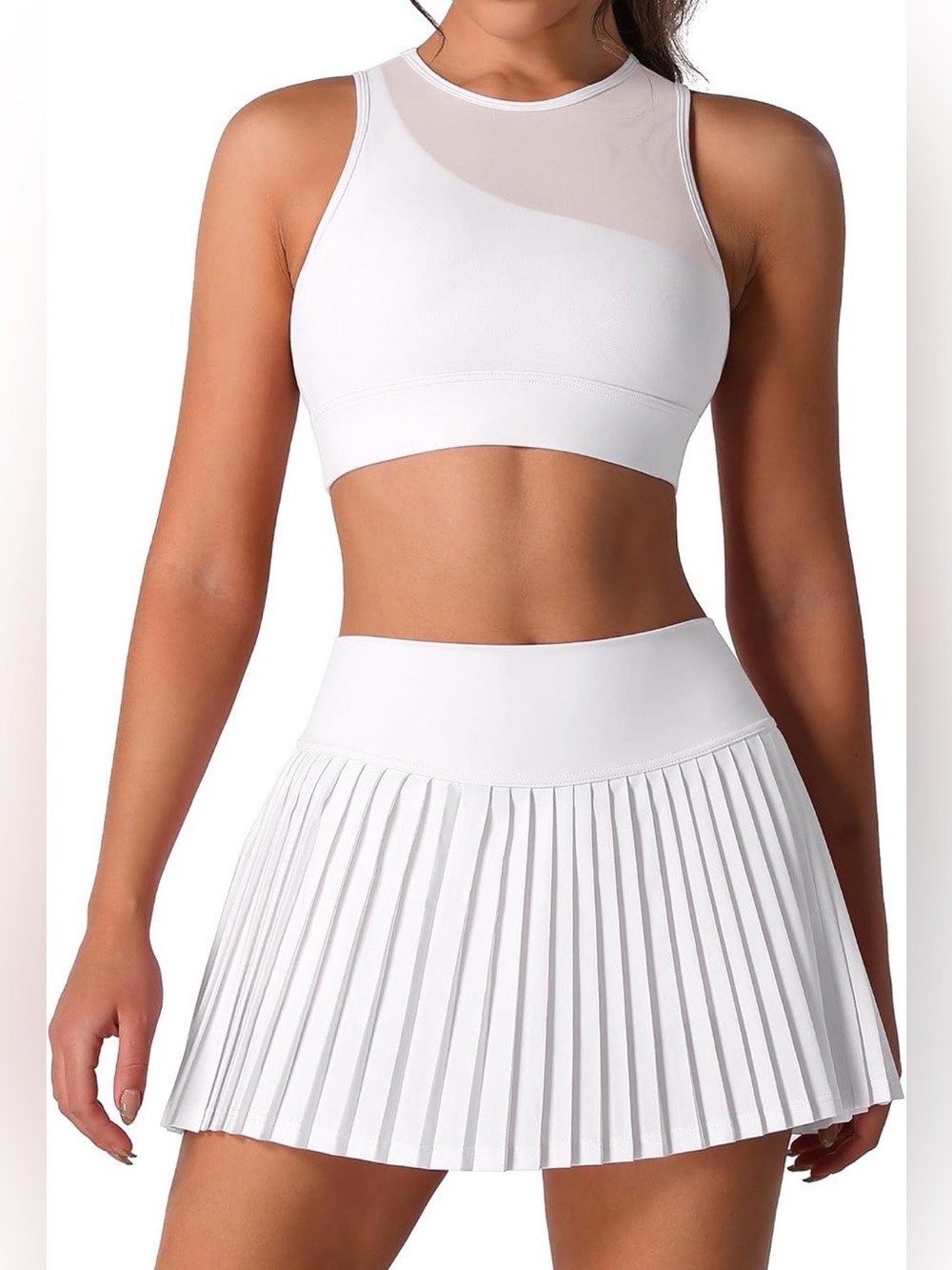 Athletic White Pleated Skirt Set with High-Waist Tennis Skirt